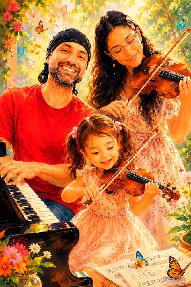 Tocando violín y piano en un entorno natural con una familia feliz.